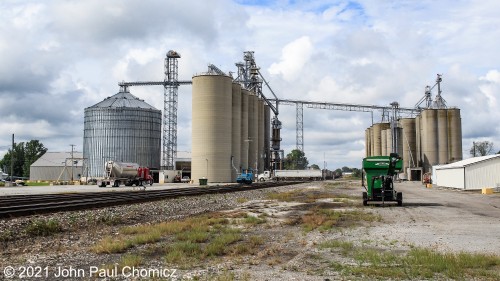 See that little blue dot in the center of the photo? That is the trackcar that provides switching services for the Heritage Grain Silos in Upper Sandusky, OH. Although I have a close-up of it, I liked the way this photo captured the entirety of the facility and gave a sense of scale to the railcar and the surrounding operation.