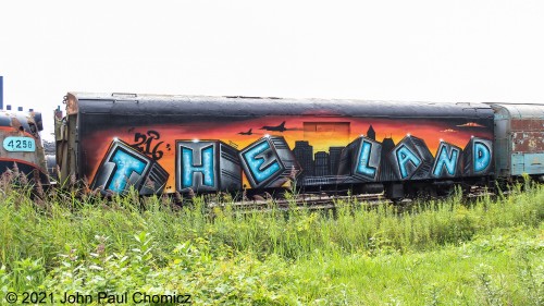 I found this interesting piece of, "artwork", on the side of what looks like an old baggage car alongside an industrial road in Cleveland, OH.