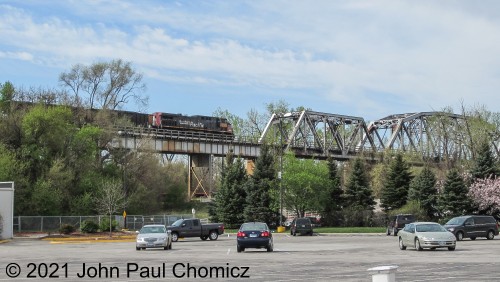 Union Pacific #: 6307, still wearing its Southern Pacific colors, is about to cross the Missouri River Bridge into Omaha, Nebraska from Council Bluffs, Iowa.