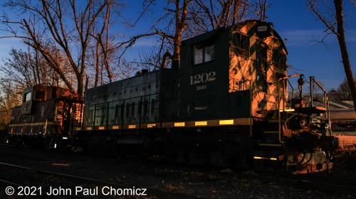 As it was not being used for the excursion trains on this day, the Black River and Western #: 1202 sits silent on the siding at dusk, at Three Bridges, NJ.