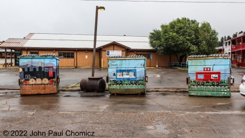 These eyesores have been decorated to reflect the railroad history of the town of Cloudcroft, NM. The town was built by the El Paso and Northeastern not only to house its workers but to attract tourists to the beautifully scenic mountains that the railroad ran through.