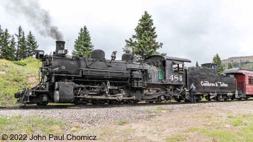 The Cumbres and Toltec Scenic Railroad #: 484 as it stopped at the Cumbres Pass Station. This is the engine that led the Dunn and Duffy Circus Train in, "Indiana Jones and the Last Crusade". Though it is only in the movie for a few minutes, in the very beginning of the movie, it sets the tone for the rest of this great movie. Unfortunately, it wouldn't sign any autographs....LOL