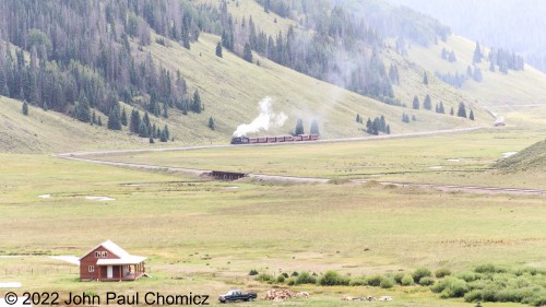 I didn't chase the, "Antonito Limited", that morning because there were other things I wanted to visit in the Antonito/Alamosa area. However, after finding out that there was a famous engine leading the, "Chama Limited", I decided chase that train, instead. Later that afternoon, I managed to catch up with the, "Chama Limited", and this is the first sighting of it on its return trip to Chama, NM.