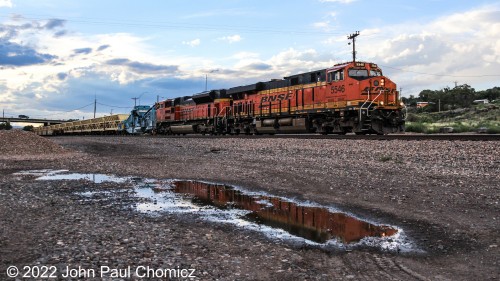 The BNSF ballast train that I saw in Gallup has finally made it fifty miles east to Grants, NM.