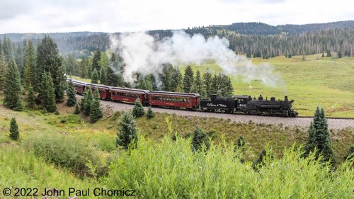 A little further into the, "Chama Limited", chase and the first spot that allowed a good look at the celebrity engine in the lead. The #: 484 was pulling coaches, today, but I can remember a time when it was pulling a circus train.