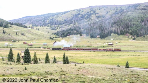 The, "Chama Limited", is the Cumbres and Toltec Scenic Railroad's eastbound counterpart to the, "Antonito Limited". It departs the western terminus of the railroad in Chama, NM and departs at 10am, just like the, "Antonito Limited". After finding out about the famous engine on the front of this train, I found and chased it back to Chama, NM.  Here it is after the first sighting a few minutes earlier.