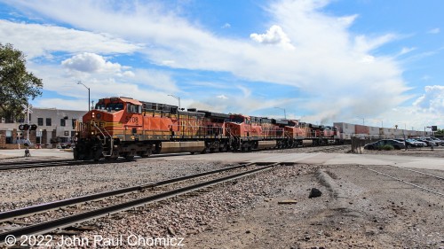 An eastbound BNSF intermodal train crosses South 2nd Street in Gallup, NM.