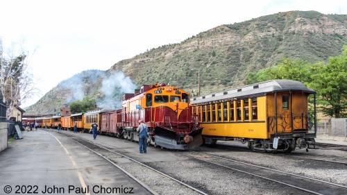 It's not quite time to leave yet as the 8:15am diesel train sits at Durango Depot. You can see the engineer, in the overalls, making his way up to the locomotive.