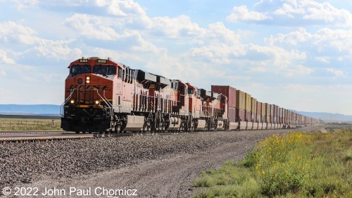 An eastbound intermodal train passes through the grasslands of Lucy, NM.