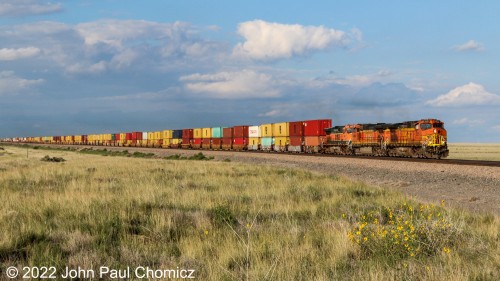 Though Abo Canyon was the most scenic of the transcon railfanning trip, the grasslands east of it also made a beautiful setting for this well-lit westbound double stack train in the late afternoon light at Lucy, NM.