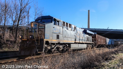 After working South Kearny Yard, this  CSX M-Train heads north on its trip up to Selkirk. It was one of the three trains that held up the arrival of the Conrail unit on Croxton bound Train #: 20X.