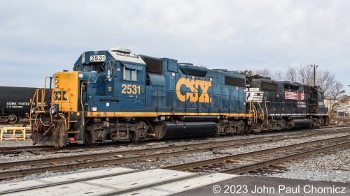 On this day, CSX GP38-2 #: 2531 and NS High Hood GP38-2 #: 5225 were the yard power for Paulsboro Yard in Paulsboro, NJ.