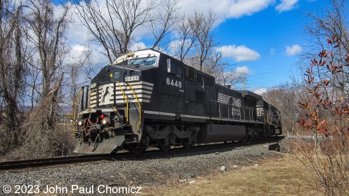 Another view of the two units, shortly after crossing River Road in Portland, PA. After interchanging with the D&L, they are heading back to Allentown.