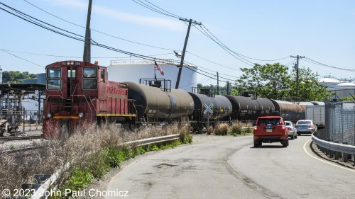 The EJRR #: 67 shoves a string of tank cars down the Hook Road to Chem South.