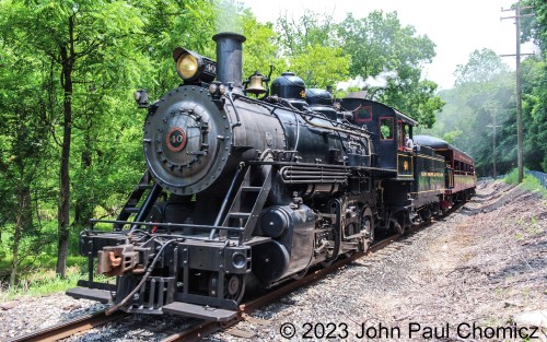 The 1pm steam train departed about two minutes ago and is now moving along the tracks that parallel West Mechanic Street in New Hope, PA.