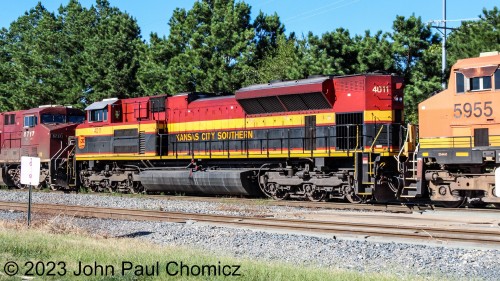 After a disappointing trip down the Heavener Subdivision and five hours later, I made it to Heavener, OK just in time to see the helper units of the same loaded hopper train that I saw at the first stop, passing through the yard. The train tied up the entire single tracked line for the entire day and the tell-tale give-away was the KCS #: 4011 tucked between the BNSF and CP helper units.