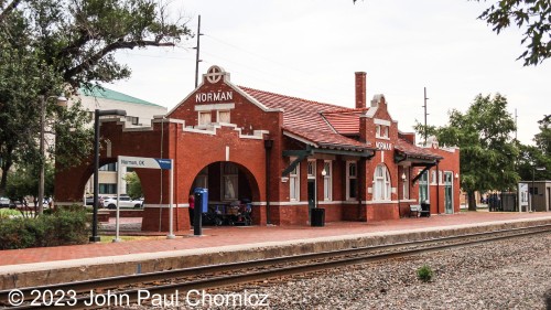 The Norman Santa Fe Depot was built in 1909 and served as a passenger station until the Amtrak, "Lone Star" (nee AT&SF, "Texas Chief") was discontinued in October of 1979. It has now been re-purposed as a community art center but also serves the Amtrak, "Heartland Flyer", which began in 1999.