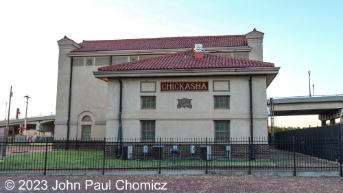 The non-sunny side of the building shows the Depot's Rock Island Heritage. The depot now serves as a community events center for the residents of Chickasha, OK.