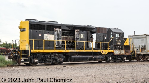 WAMX #: 3521 is a GP35 originally built for the Denver, Rio Grande, & Western as #: 3040. It is currently operated by the Stillwater Central Railroad and it looks like it is either undergoing maintenance or being cannibalized for parts as it sits at the SLWC yard in Oklahoma City, OK. Note the, "Operation Lifesaver", sticker next to the open engine compartment door.