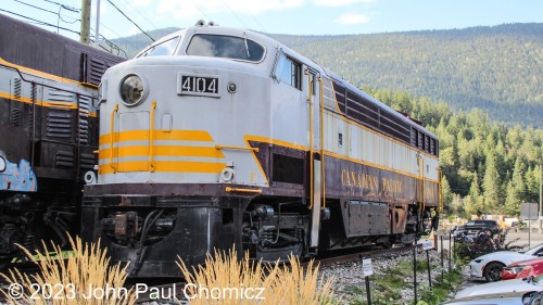 The Canadian Pacific #: 4104 is another rare locomotive that is displayed next to the fictitiously numbered Canadian Pacific #: 7009. The unit is a Fairbanks-Morse CPA-16-4 and actually was built for the Canadian Pacific in 1954. The unit briefly served as a dual passenger/freight unit before being assigned to general freight for most of its career. It was retired in 1974 and also purchased privately before being restored and put on display near the #: 7009 at the Nelson Visitor's Center in Nelson, British Columbia, Canada.