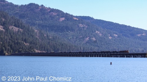 The timing of this train was a bit off as I was on the wrong side of the sun to catch the shot of this northbound BNSF tank train as it crossed the causeway over the beautifully scenic Lake Pend Orielle (pronouced "Pond Oray") in Sandpoint, Idaho. It's definitely a place I'd love to come back to just to railfan at a time when the lighting's better.