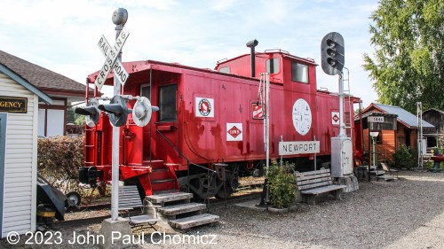 Not much information is available about this caboose, except that it was a former Burlington Northern Caboose. It is currently on display at the Pend Oreille County Historical Museum and is adorned with the logos of all the railroads that served the Newport, WA area.