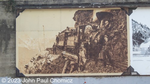 Once again, the photo is mine but the mural is not. This mural of a scene along the Kaslo and Slocan Railroad, shares space on the retaining wall with the streetcar mural, on the corner of Vernon and Kootenay Streets, in Nelson, British Columbia, Canada.