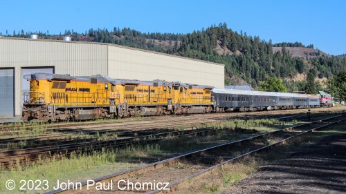 A trio of Ex-Union Pacific B40-8's, some coaches, and a former McCould River Railroad SD38, which is now STMA #: 37 sit in the St Maries River Railroad Yard in St. Maries, Idaho. Being that they are missing parts, I don't know if they are going to be used or stripped for parts.