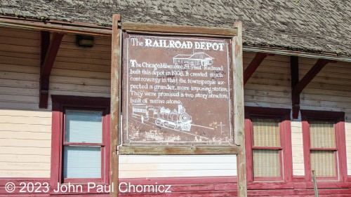 This historical plaque stands alongside the ex-Milwaukee Road Depot in St. Maries, Idaho.