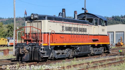 The St. Maries River Railroad #: 501 is an SW1200 that was originally built for the Milwaukee Road. Here, it sits at the St. Maries Yard in St. Maries, Idaho.