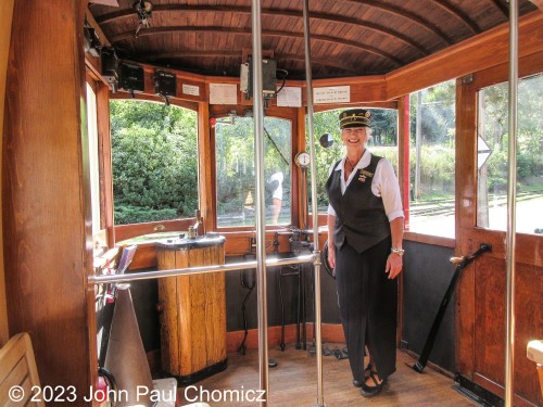 This is going against my usual rules of not showing people, however, I don't think she would mind. This is, "Jean", one of the crew of two volunteers who keep the streetcar running. She will be serving as the engineer for the first round-trip of the day before switching ends and taking her turn serving as conductor. I am in good hands with her as she was extremely professional and proud of being a part of the streetcar team. She was very happy to talk to me and tell me about the history of the car, as well.