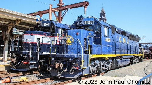 Lastly, this photo taken with the sun in the best position. The faces of "Lady Liberty" and the "Bluebird" as they are posed side-by-side at the "Meet the Heritage Fleet" day. These are two of the oldest locomotives still operating on New Jersey Transit. Though I cannot take away from the other equally impressive heritage units, these will hold a special place in my heart as my late grandfather had almost certainly run both of these units during his 49 year railroad career which started in 1956.