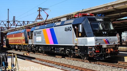 Two more locomotives on display at "Meet the Heritage Fleet" day were New Jersey Transit's two ALP-46A's; the two electric locomotives to be painted in heritage schemes. The ALP-46A #: 4636 was appropriately painted in the Pennsylvania Railroad heritage scheme that was worn by the Pennsy GG1's as they plied the Northeast Corridor where the ALP-46A's roam, now. The ALP-46A #: 4640 was painted into the "Disco Stripe" livery which was the standard livery worn by all New Jersey Transit units during the 80's.