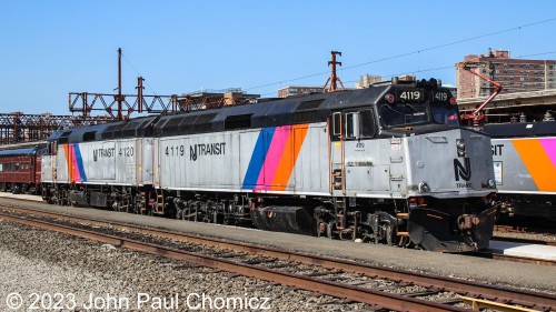 NJT F40PH-2CAT #: 4119 and 4120 made an appearance on that day, as well. These units are two units of the first locomotive type to be ordered specifically for New Jersey Transit. They were built to replace all the older units that came in from the locomotive fleets of the predecessor railroads. They are adorned in the "Disco Stripe" livery.