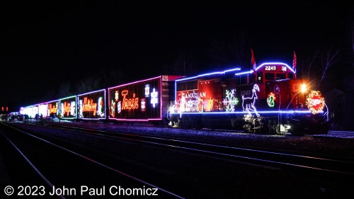 The CP Holiday Train shines with a Blue Hue in Saratoga Springs, NY.