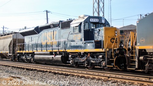 One of the locomotives on the eastbound M-Train was the CSX #: 1713. It was an ex-SD40-2 but has been recently rebuilt as a Tier-4 compliant SD23T4.