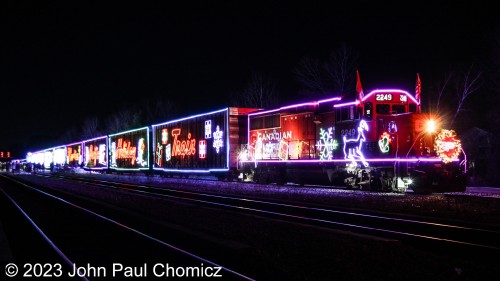 And, probably not my last photo of the night, but the last photo of the CP Holiday train is of it sporting a Purple Halo in Saratoga Springs, NY. This was the last stop for the night and, after the show was over, the train shoved, unceremoniously, back into the Saratoga Springs Yard for the night. It would depart early the next morning for the next series of stops in the Lake George/Lake Champlain region.