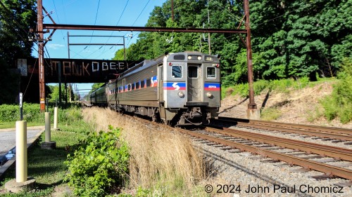 After what will turn out to be a slow day on the CSX West Trenton River Line, one consolation prize was this Center City-bound SEPTA train as it approaches Woodbourne Station, in Woodbourne, PA.