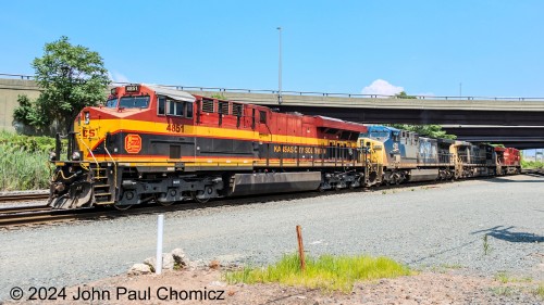 A Southern Belle visits the Coast, the Chemical Coast, that is. Here, KCS #: 4851 leads an interesting lash-up of power including two "Bright Future" CSX units and a Canadian Pacific unit. After leading the inbound tank train, the KCS unit will probably be in last place on the return trip back west.