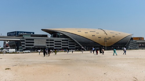 This is Business Bay Metro Station, which is one station west of the main downtown area. The stations are all designed like golden shells and the platforms are completely enclosed and climate controlled. With extreme heat in the summer months, all the buildings in Dubai have been creatively designed to deal with that big issue.