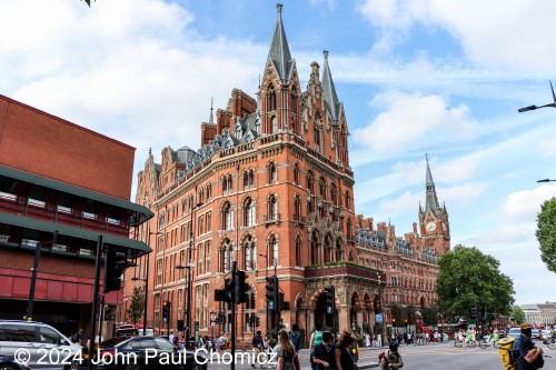 Although King's Cross is more well-known, due to Harry Potter, right across the street is the more beautiful and ornate St. Pancras International Station. It was opened on October 1, 1868 by the Midland Railway. Since then, it has been rebranded as an international station as it is now the terminus for the international Eurostar train with service to the Netherlands, France, and Belgium. It is also the terminus of intercity trains as well as the Thameslink cross-London trains. This view is from the southwest corner.