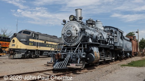 AT & SF Steam locomotive #: 643 is the great grandpa while the Frisco #: 814 is the first generation or grandpa of the current generations of locomotive power. They pose side-by-side at the Oklahoma Railway Museum in Oklahoma City, OK.