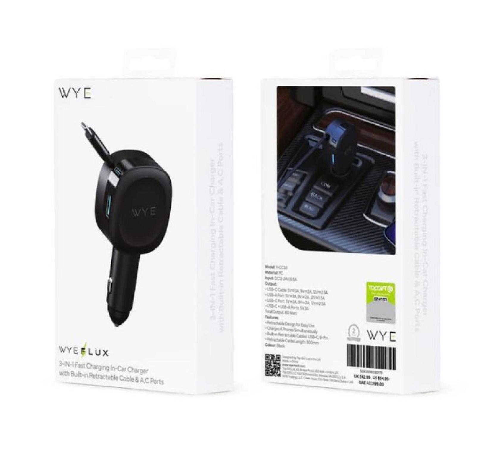 WYE 3-IN-1 Fast Charging In-Car Charger with Built-in Retractable Cable&A,C ports   view 4