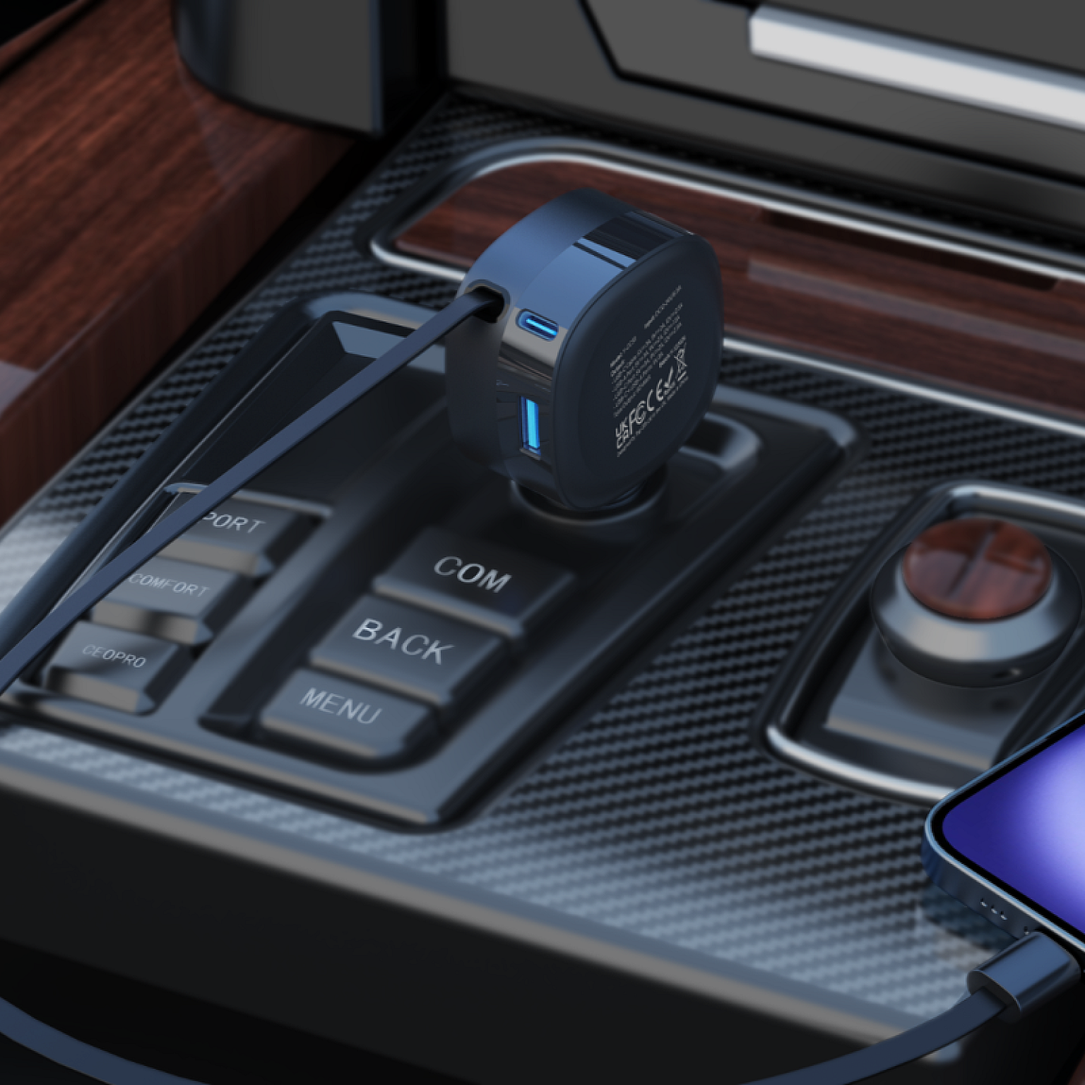 WYE 3-IN-1 Fast Charging In-Car Charger with Built-in Retractable Cable&A,C ports   view 2
